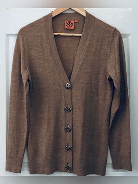 Tory Burch Tan Brown V-Neck Button Cardigan